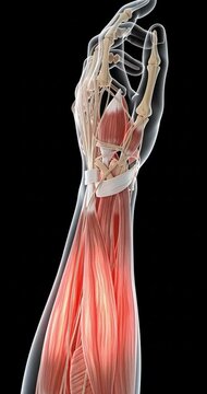 Anatomical illustration of hand and arm muscles and skeletal structure