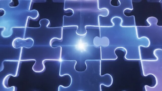 Glowing puzzle piece blue light missing abstract background futuristic illuminated connection teamwork problem solving creative concept digital art mystery challenge solution neon shiny floating