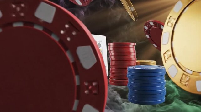 Poker chip casino gambling red blue gold stack card smoke dramatic lighting create dynamic casino atmosphere with vibrant poker chips and playing cards smoky intense setting, colorful dramatic ace