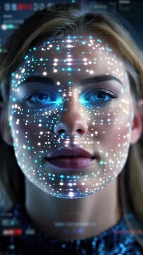 Closeup woman face with dense dot matrix mapping, blue point overlay creating d reconstruction grid, clinical hightech visualization, neutral gaze and digital feature tracking