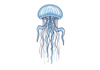 Naklejka premium A detailed illustration of a bioluminescent blue jellyfish with long trailing tentacles, showcasing its ethereal beauty and unique form