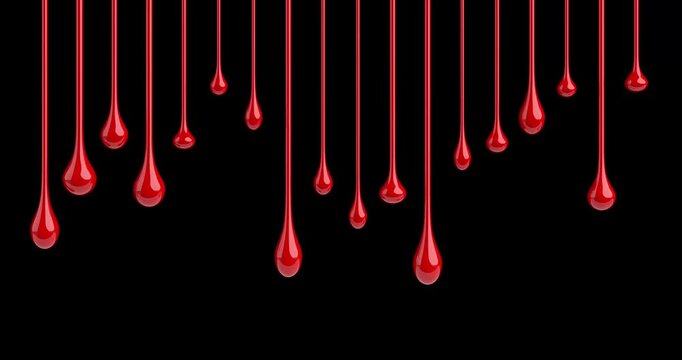 4k Resolution Video: Glossy Red Liquid Dripping Blood Drops Seamless Looped Flowing Down And Up On Black Background Creating Dark Bloody Effect With Alpha Matte