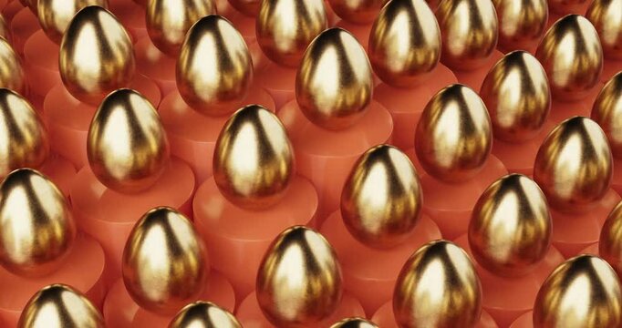 4k Resolution Video: Luxury Wealth And Prosperity Concept. Pattern Of Easter Golden Eggs Arranged and Animated On Orange Cylinders, Creating Abstract Geometric Background