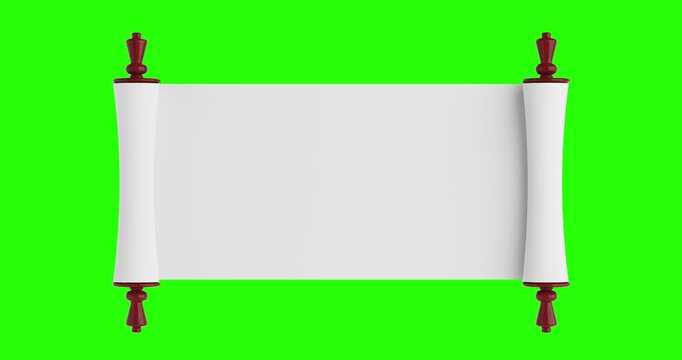 4k Resolution Video:Blank Parchment Scroll Mockup With Wooden Handles Opening On Green Screen Chroma Key Background For Message Or Announcement Design with Alpha Matte