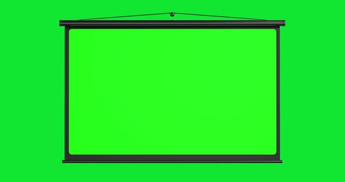 4k Resolution Video: Wall Mounted Projection Screen With Green Chroma Key Display Ready For Video, Webinar, Or Training Content Seamless Looped Animated On Green Screen Background with Alpha Matte