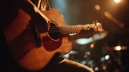 Fototapeta premium chord. Acoustic guitar close-up in performance setting, instrument detail photography, directional stage lighting, musical atmosphere with warm tones. STEM education sheets.
