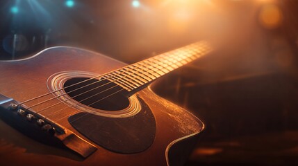 Naklejka premium chord. Acoustic guitar close-up in performance setting, instrument detail photography, directional stage lighting, musical atmosphere with warm tones. STEM education sheets.