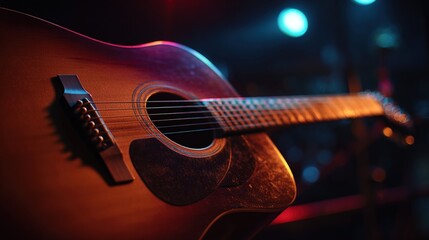 Fototapeta premium chord. Acoustic guitar close-up in performance setting, instrument detail photography, directional stage lighting, musical atmosphere with warm tones. STEM education sheets.