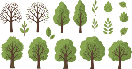 Green Tree and Leaf Vector Collection Featuring Different Forest Trees, Branches, and Foliage Elements for Nature Landscape, Botanical Design, and Environmental Illustration © Nilota