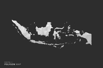 Indonesia Map - Polygon style vector illustration in black, gray and white low poly geometric design, minimal silhouette, isolated for infographic.