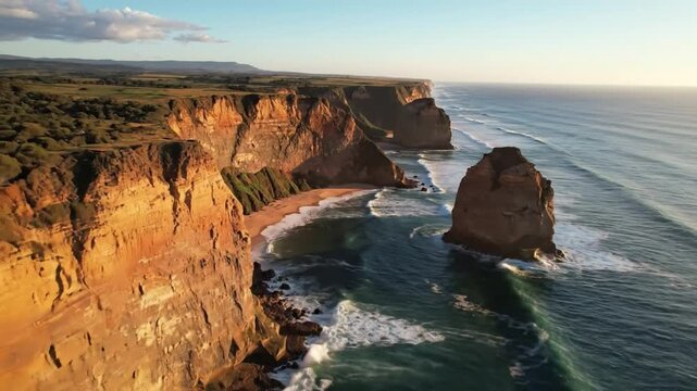 Dramatic coastal cliff ocean waves and rock formation with golden sunlight, scenic landscape, natural beauty, tranquil rugged coastline, breathtaking nature, and stunning outdoor adventure