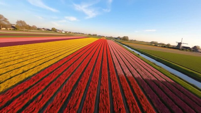 Colorful tulip field with vibrant rows of red, yellow, pink, and green flowers blue sky, rural landscape featuring windmill, canal, spring agriculture, panoramic scenic outdoor view, peaceful nature