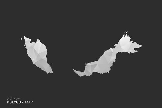 Malaysia Map - Polygon style vector illustration in black, gray and white low poly geometric design, minimal silhouette, isolated for infographic.