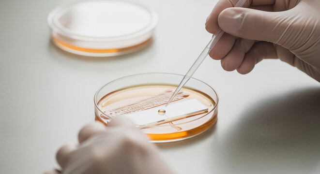 Close-Up of Scientist Hands Using Pipette to Drop Liquid Sample onto Glass Slide in Petri Dish for Laboratory Research