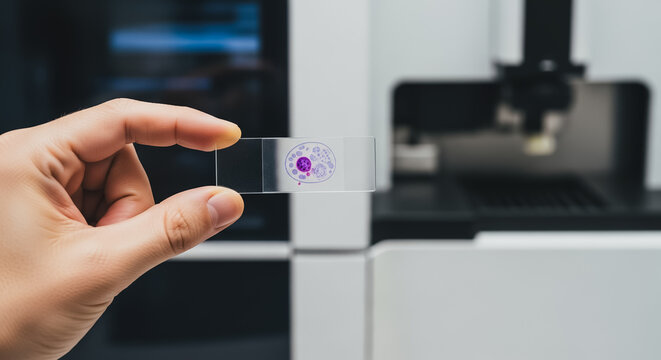 Close up of a hand holding a microscope glass slide with purple stained cells in a modern medical research laboratory.