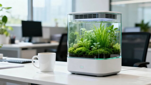 Modern office desk with glass micro-algae air purifier and coffee mug for biophilic workspace design