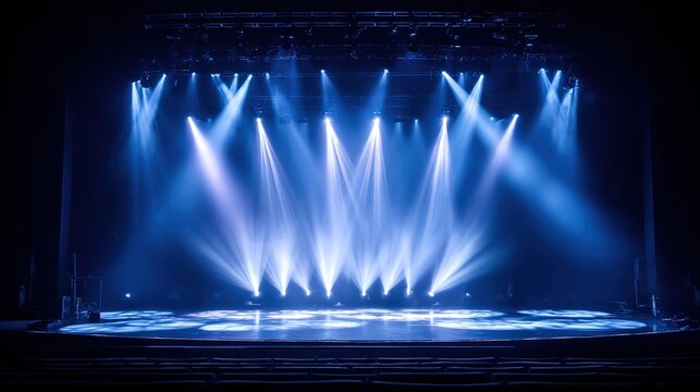 decibel. Concert stage with dramatic blue spotlight effect and atmospheric glow. event programs, museum guides, designed for cultural heritage projects and event programs, preserves heritage.
