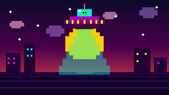 Vibrant Pixel Art Animation: Alien UFO Abduction of a Cute Creature in a Neon Night Cityscape