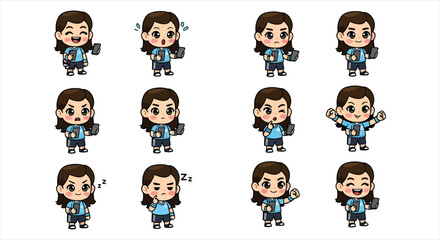 Cute Girl Character Emote Sticker Set, Kawaii Cartoon Girl Emoji Pack, Funny Reaction Icons Vector