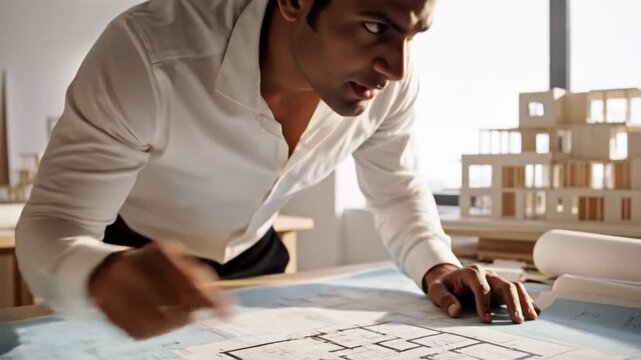 Architect Blueprint Design Planning Construction Office Professional Male Model Building Workspace Creative Modern Interior Daylight Engineer Project Urban Development Drawing Table Document Drafting