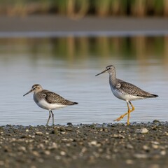 Two shorebirds foraging along the waters edge in natural habitat.