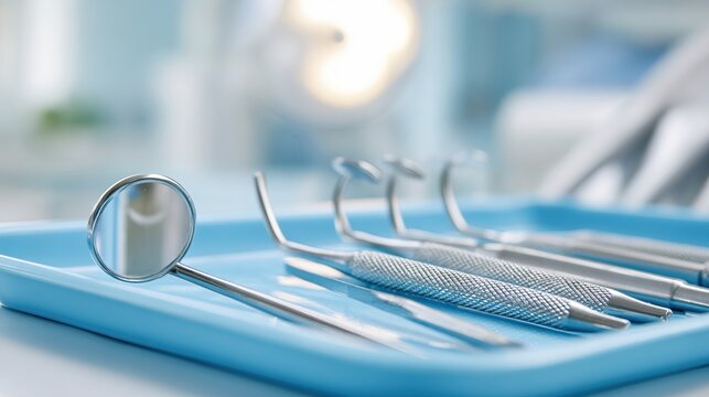 sterilization. Dental tools arranged neatly on a blue tray under clinical lighting in a clean medical setting. STEM education sheets.