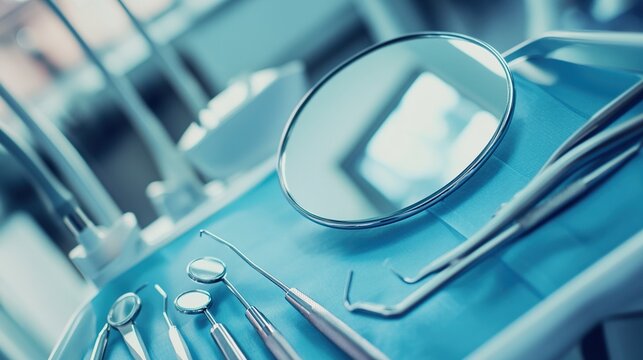 sterilization. Dental tools arranged neatly on a blue tray under clinical lighting in a clean medical setting. STEM education sheets.