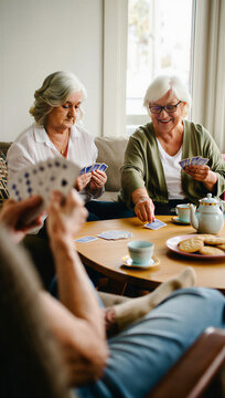 Playful senior woman making a triumphant move against her deeply focused lifelong friends during their weekly afternoon card club