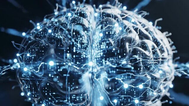 A striking image portraying a brain interwoven with digital circuitry, evoking themes of intelligence, technology, and the future. Ideal for illustrat