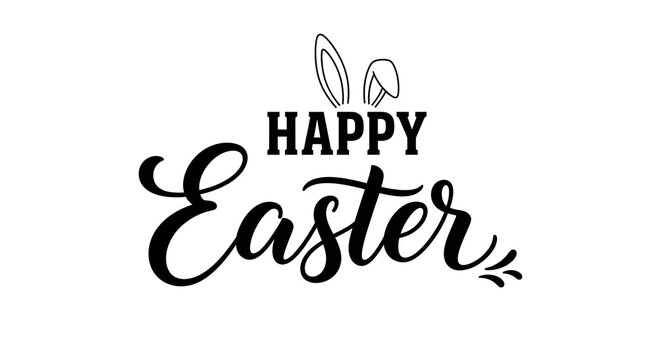 Easter greeting card with bunny ears and happy easter text on isolated white background for holiday