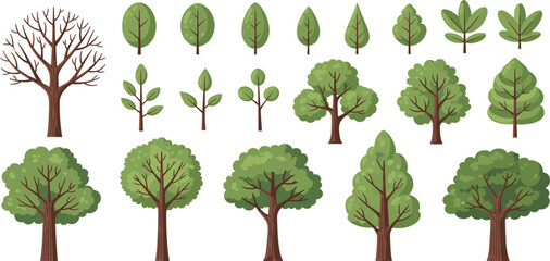 Tree and Leaf Vector Set Featuring Various Forest Trees, Branches, and Green Foliage Elements for Nature Landscape Illustration, Botanical Design, and Environmental Graphics © Nilota
