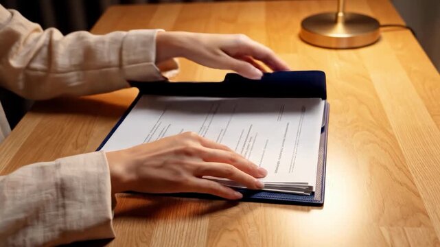 A close-up captures someone carefully reviewing a stack of paperwork, conveying a sense of focused concentration and meticulous attention to detail, p