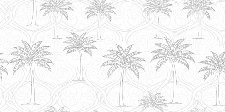 Tropical Palm Tree Seamless Pattern Vector with Decorative Swirl Background for Summer Beach Design, Exotic Wallpaper, Fabric Print, and Coastal Illustration