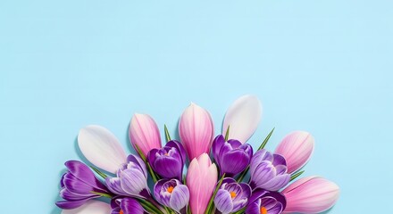 Obraz premium spring floral pattern background with colorful blooming flowers forming dense decorative layout, pastel yellow backdrop, modern aesthetic flat lay