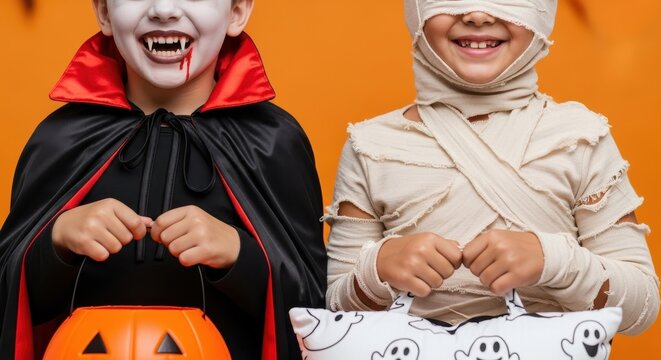 Two happy kids dressed up for Halloween trick-or-treating.
