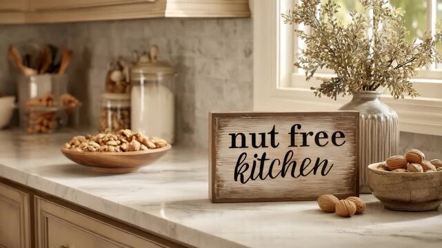 Nut free kitchen sign next to walnuts