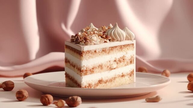 Hazelnut meringue cake slice on pink plate
