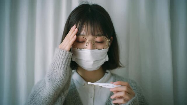 眼鏡姿の女性が室内で額に手を当て、体温計を確認している