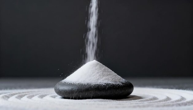 minimalist zen white sand pouring creating perfect cone shape on smooth dark stone