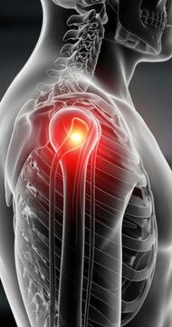 Medical illustration of human shoulder anatomy with pain highlight