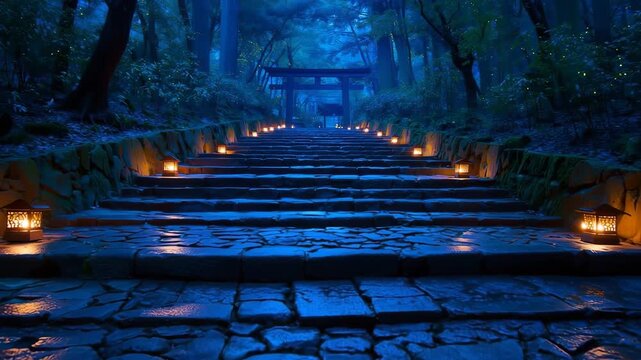 灯りに照らされた石段と、その奥に佇む寺院の静かな夜景