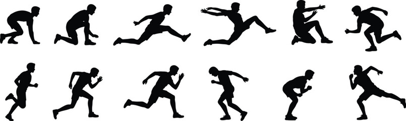 Running athlete silhouette collection featuring sprint start jump and running poses, male track and field sport vector icons isolated on white background