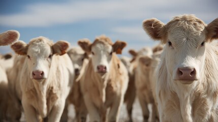 Group of curious calves grazing under blue sky