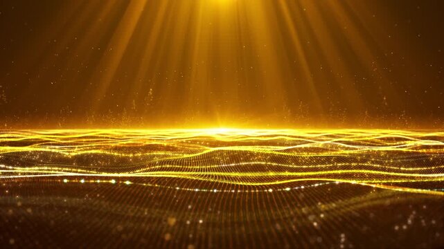 Gold wave particle stripes, golden wave particle flow, aesthetic particle line rise. Oscar nomination, background video of luxury awards ceremony, Golden particle line wave award stage background.