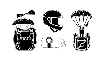 Dynamic monochrome vector icons showcasing crucial skydiving and aerial sport equipment, illustrating the excitement and detailed preparation involved in adventurous descents © ARIF