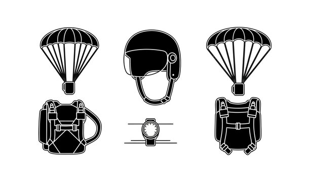 Collection of skydiving equipment including parachutes, helmets, and backpacks for extreme sports and adventure travel