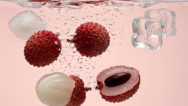 Whole and Halved Lychees and Ice Cubes Dropping into Water with Dynamic Bubbles Slow Motion on Soft Pink Background