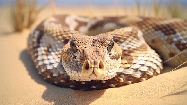 Close-Up View of a Desert Diamondback Rattlesnake Resting in Sun-Warmed Sand
