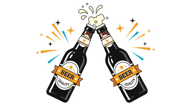 Celebration image of two brown beer bottles clinking together in a toast with splashing foam and bright festive starburst patterns for a party.