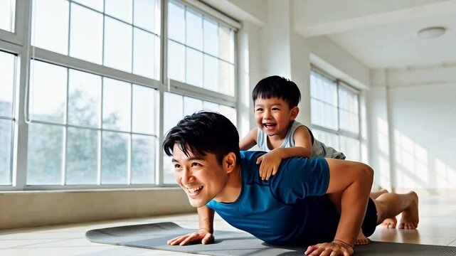 Happy Asian father doing push-ups with smiling son on his back in bright home gym &mdash; joyful family fitness, bonding, and healthy lifestyle concept